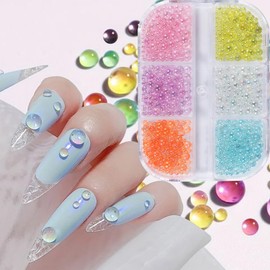 6 Grids Mermaid Bubble Beads Nail Decoration 3D Aurora Colorful Crystal Glass Bubble Beads Nail Art Supplies Mix Big Small Size Rivet Jewelry Accessories for Women Manicure Supplies DIY Crafts Sequins