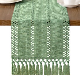 MLMW Boho Table Runner 48 inches Farmhouse Rustic Home Decor Sage Green Ivory Coffee Table Centerpiece Macrame Woven Dresser Runner for Spring Living Room Dining Room Bedroom