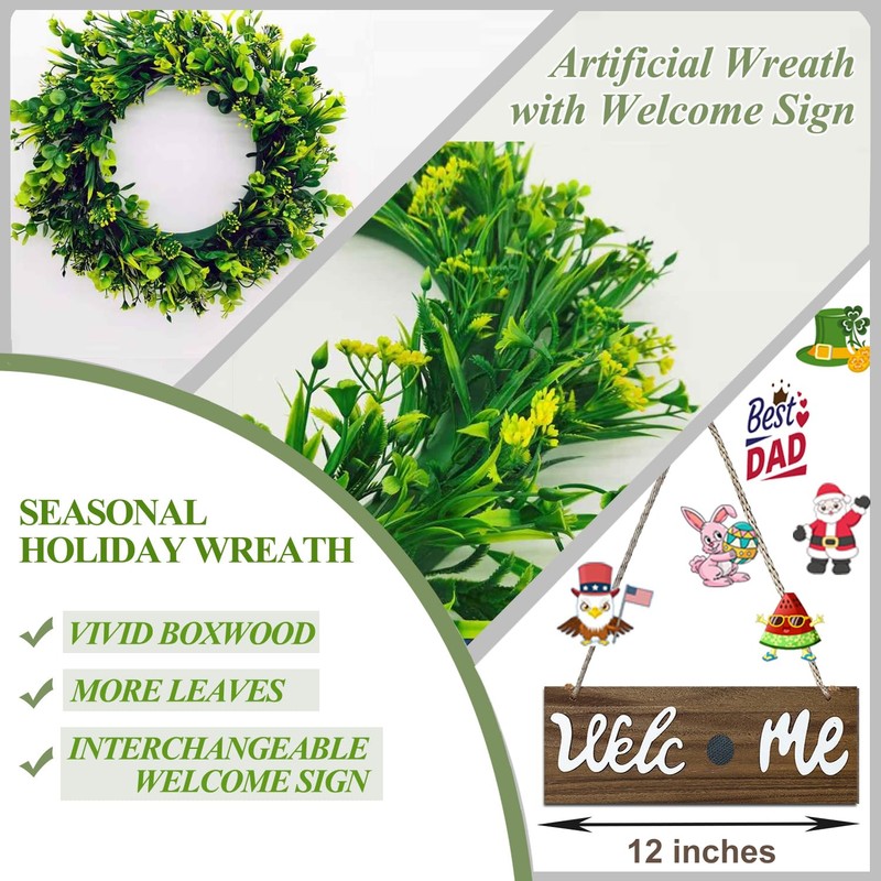 Interchangeable Green Welcome Wreath Sign, 17" Front Door Holiday Decor