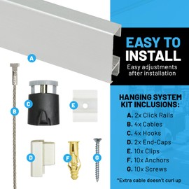 8-ft Picture Hanging kit, Complete Set Covers 8 Linear ft of Wall (2) Click Silver Rail Track (48-in), (4) Twist Steel Cables (48-in), (4) Gripper Hooks, (2) Rail Endcap & Installation Hardware