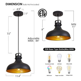 ALAISLYC Black Farmhouse Pendant Lights Matte Pendant Lighting for Kitchen Island Industrial Adjustable Height Vintage Dome Hanging Light Fixtures for Barn, Dining Room 1 Pack
