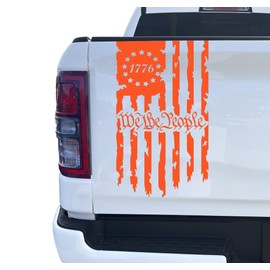 We The People Betsy Ross Flag 1776 Distressed American USA US Flag Truck Tailgate Vinyl Decal Stickers Preamble of The US Constitution (10" x 18") (Orange)