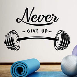 Never Give Up Barbell Wall Sticker Home Gym Motivation Workout Weight Hanging Inspirational Exercises Removable Saying Vinyl Wall Mural DIY Design Indoor Training