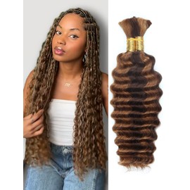 4/30 Bronze Gold Human Braiding Hair Deep Wave Bulk，Highlight No Weft Curly Braiding Hair Extensions for Boho Braids Wet and Wavy Braiding Human Hair Bundles(18inch,4/30,100g)