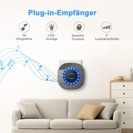 SURFOU Wireless Doorbell Set with 2 Plug-In Receivers and 1 Transmitter, 300 m Range Outdoor Waterproof Front Door Bell, Wireless Doorbell with LED Flashing, 5 Volume Levels, 55 Ringtones