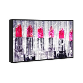 The Oliver Gal Artist Co. Fashion and Glam Framed Wall Art Canvas Prints 'Silver Lipstick Collection-Custom' Makeup Home Décor, 15" x 10", Gray, Pink