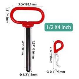 BUXIMN 1/2x4 inch Hitch Pin, 2pcs Trailer Hitch Pin, Tractor Towing Hitch Pin and Clip, Red Handle Trailer Gate Pin Clevis pin Tractor Pins for Towing RV, Boat, Car, Truck