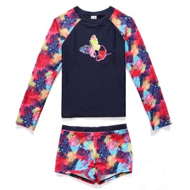 PHIBEE Girls' Rash Guard Set Long Sleeve UPF 50+ Sun Protection Two-Piece Swimwear Navy 8