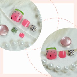 Toe Press on Nails Bling Shiny Fake Toe Nails Pink Green Glue on Toenails for Women 24Pcs BABALAL Toe Nails Watermelon Toe Acrylic Nails Art Supplies Artificial Nails for Toes False Nails Decoration