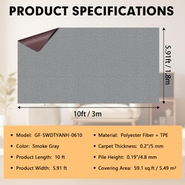 Grefinity Marine Carpet,6 FT x 10 FT Smoke Gray Indoor Outdoor Carpet 0.2" Thick Boat Carpet with Water-Proof TPE Backing, Non-Slide Outdoor Marine Carpet Roll for Home, Patio, Porch, Deck