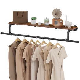 YheenLf Wooden, Space Saver Wall Mounted Garment Rack, Heavy Duty Iron Industrial Pipe Clothes Rack Shelf with Hanging Rod, 51.2×10.2×5.9 Inch,Black
