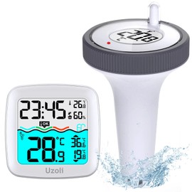 Uzoli Pool Thermometer Floating Wireless with Pool Sensor Water Temperature Indoor Temperature LCD Display Comfort Level Time Alarm Clock IPX7 Thermometer for Pool Swimming Pool Pond - EM3385