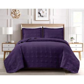 Chezmoi Collection Kingston 3-Piece Dark Purple Queen Size Quilt Set - Lightweight All Season Bed Coverlet Oversized Queen Bedspread 100" x 106"