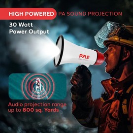 Pyle Megaphone Bull Horn Loud PA Speaker with 30W Power and Adjustable Volume Control, 800 Yard Range, Lightweight Portable Design, Ideal for Outdoor Sports, Cheerleading, and Coaches