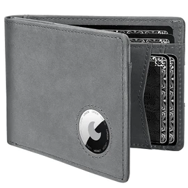 LORZOR Mens Wallet with AirTag Holder, Bifold Full Grain Leather AirTag Wallet with ID Window RFID Blocking Gift Box for Men, up to 12 Cards, Stone Gray, Minimalist