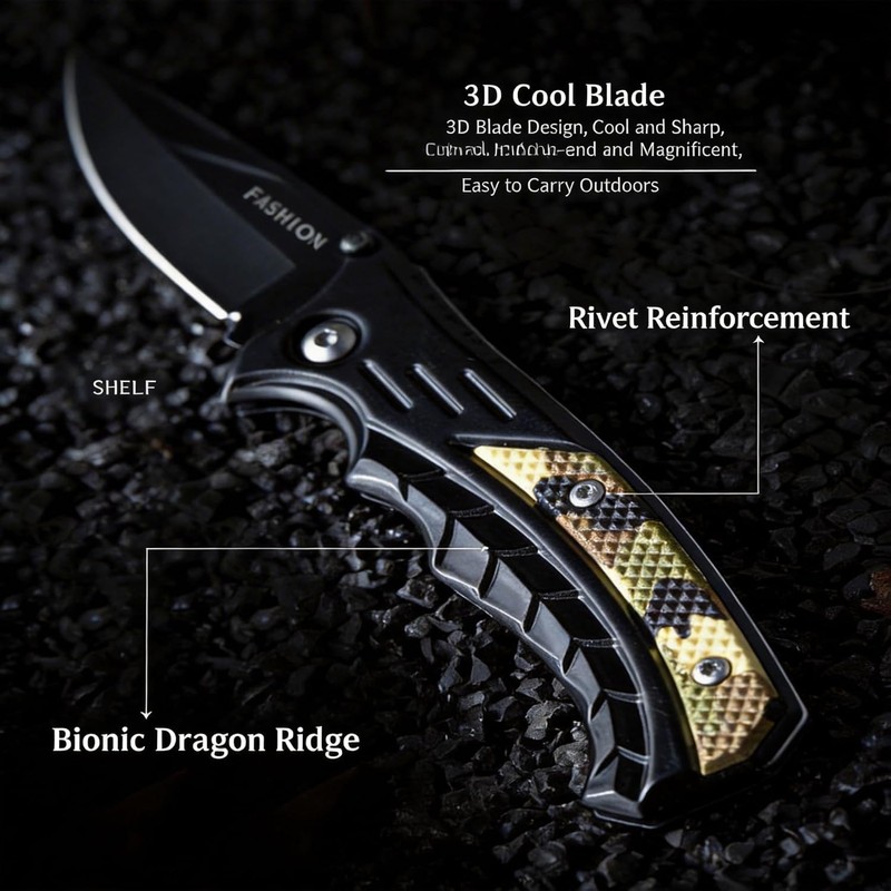 Tactical Folding Pocket Knife 2.56" Black Stainless Steel Blade Camo