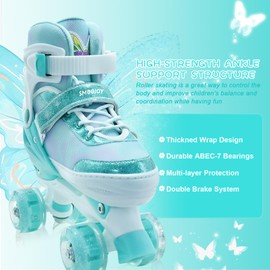 SMOOJOY Kids Roller Skates for Girls-Outdoor 4 Size Adjustable Butterfly Quad Rollerskates for Indoor Ages 3-16 Years Beginners Children's Birthday Gift with Light Up Wheels patines para niñas Indoor