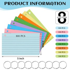 800 PCS Index Cards 3x5 Inches Colored Flash Cards with Ring, Punched Lined Flashcards Ruled Index Cards Notecards Study Cards Heavy Note Cards for Studying, Learning, School, College, Memory