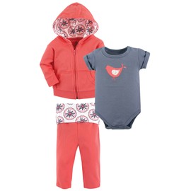 Yoga Sprout baby girls Cotton Hoodie, Bodysuit Or Tee Top, and Pant Layette Set, Coral Bird, 6-9 Months US