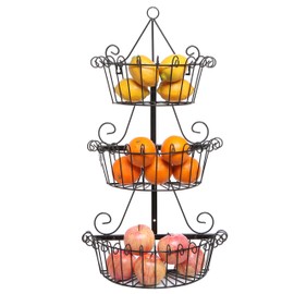 MyGift 3 Tier Hanging Fruit Basket and Produce Vegetable Storage Rack, Black Metal Scrollwork Wall Mounted Sturdy Organizer Bin for Kitchen or Pantry