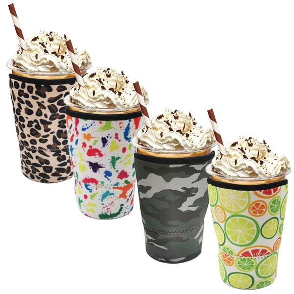 DanziX 4 Pack Iced Coffee Sleeve, Reusable Cozy Drink Neoprene Insulator Cup Sleeve-4 Styles(30oz)