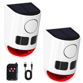Solar Strobe Light Motion Detector Alarm: Dog Barking and Gunshot Sound, 13 Kinds of Warning Sound Loop Playback, 130db Noise Maker, 4 Working Mode, Waterproof for Home, Farm - USB Charging (2 Pack)