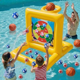 Pool Toys for Kids & Adults, 2-in-1 Pool Basketball and Dart Board Game Set, Family Summer Water Games for Kids Ages 6+ and Adults, Backyard Pool Party Games, Yellow