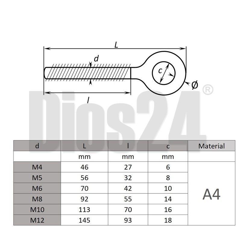 DIOS24 Eye Screw with Metric Thread (Left Thread) M10 -