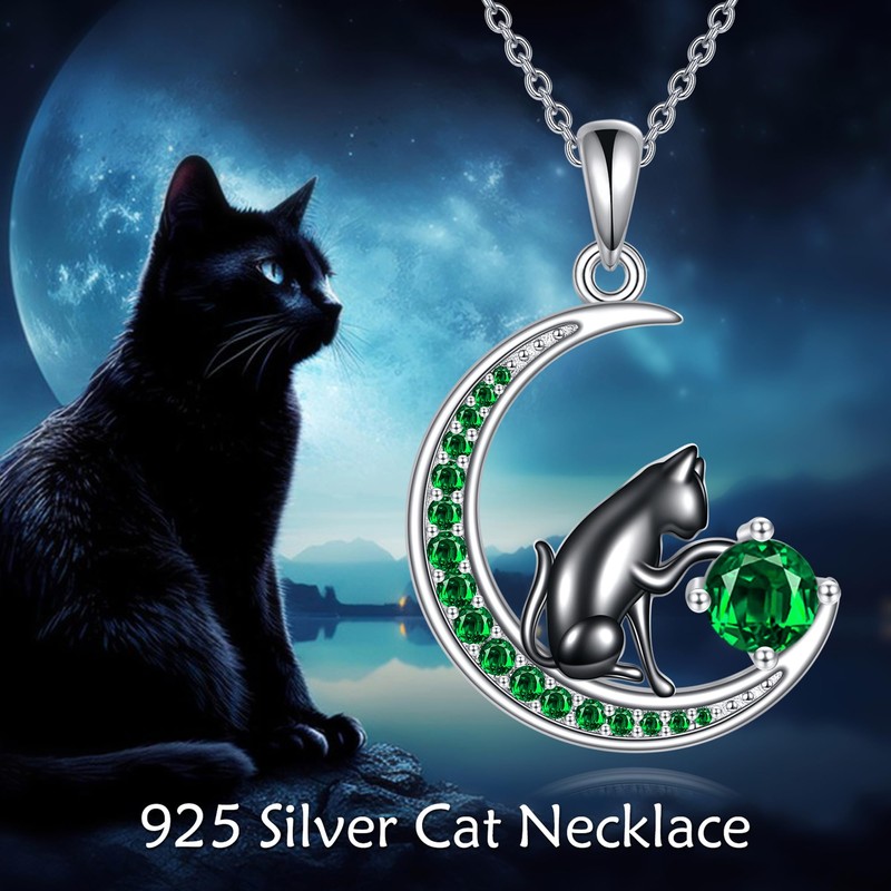HKPATOP Black Cat Necklace Sterling Silver May Birthstone Necklace Cat