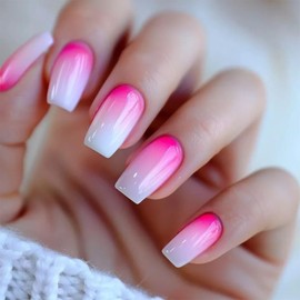 Medium Coffin Press on Nails Cute Pink Gradient Fake Nails with Design Glossy Acrylic Stick on Nails Pink White False Nails French Tip Glue on Nails Reusable Ballet Nails for Women Girls 24Pcs