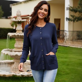 OPREXO Women's Casual Open Front Button Long Sleeve Knit Pocket Lightweight Cardigan Dark Blue