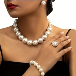 5pcs Women'S Vintage French Luxury Jewelry Set - Elegant Imitation Pearl & -like Necklace, Earrings, Bracelet, Ring & BroochColor: White