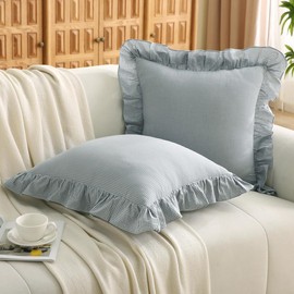 Silnuo Blue/White Plaid Ruffle Throw Pillow Covers Farmhouse Checkered Gingham 18"x18" Vintage Washed Cotton Pillow Shams for Couch,Sofa,Bed and Living Room