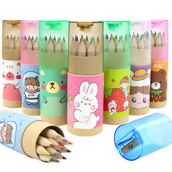 CIOUYAOS 8 Pack*12 Colours Cartoon Coloured Pencils, Cute Mini Portable