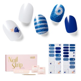 NAILOG Semi Cured Gel Nail Strips for Summer 34 pcs, Buy 2 Get 1 UV Lamp, Salon-Quality Nail Strips with Soft Gel Finish | Marine Story