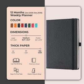 IN-LUXPRO Weekly Monthly 2026 Planner (Jan.26-Dec.26),8.5"x6.5",12 Months Agenda Plan with Month Tabs & Pocket,Expenses/Note Pages, Appointment Book Calendar with Hardcover Vegan Leather Cover,Black