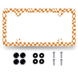 Orange White Checkerboard License Plate Frame Colorful Checkered Mosaic Elements License Plate Personalise Stainless Steel Rust-Proof Auto Parts Funny License Plate Cover Decoration Screws 12.3"x 6.3"