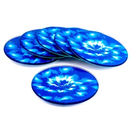 Set of 6 Round Drink Coasters, Blue Floral Design, Gift Boxed, Tempered Glass, Non Slip, Suit Indoor or Outdoor, Kitchen, Dining, Living