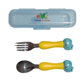 Cute Dinosaur Kids Cutlery Travel Set – Portable Cutlery for Toddlers & Children with Case (Blue, Spoon+Fork)