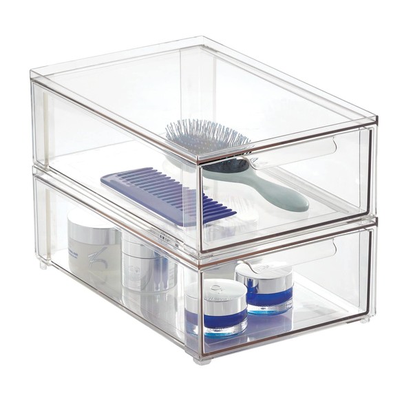 mDesign Plastic Stackable Bathroom Storage Organizer Bin with Pull Out Drawer for Cabinet, Vanity, Shelf, Cupboard, Cabinet, or Closet Organization - Lumiere Collection - 2 Pack - (Clear, 8 x 12 x 4)