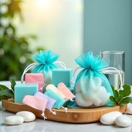 6Pcs Random Color Exfoliating Mesh Soap Pouch Bubble Foam Net Bag for Body Facial Cleaning Tool, for Shower Saver Pouch Drawstring Foaming Net Soap Bag Used Repeatedly Easy to Store Cleansers