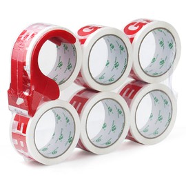 BOMEI PACK 6 Rollos Cinta de Embalaje Frágil Impresa, 1.8Mil Espesor, 1.88 Pulgadas x 60 Yardas por Rollo, Cinta Frágil para Embalaje de Cajas.