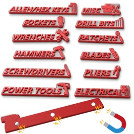 Magnetic Tool Box Labels, 12 PCS 3D Raised Toolbox Drawer Labels with Strong Magnets, Reusable Tool Chest Organizer Labels for Garage Cabinets (Gray Background with red Text)