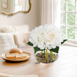 N&T NIETING Hollyone Hydrangea Artificial Flowers with Vase White Silk Flowers Faux Hydrangea Flowers Bouquet with Faux Water Riverstones for Home Office Table Room Wedding Centerpiece Decorations