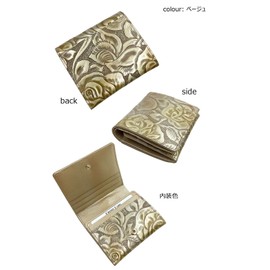 [HARUBE] Kyoto Naniwaya Compact Thin Folding Wallet, Cowhide Leather, Rose Pattern, Embossed, Functional Ladies' # 86-349 "Metallic, Rose", beige