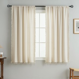 VOILYBIRD Farmhouse Curtains Tassel Fringe Geometric Design Boho Curtains 63 Inch Length 2 Panels Set, W40 x L63, Beige