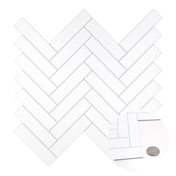The Tiles Plaza Herringbone Peel and Stick backsplash for Kitchen, Stone Composite Self Adhesive Tiles, Wall Tile for Kitchen, Bathroom, Fireplace. 12 x 13 Inch 10 Sheets White