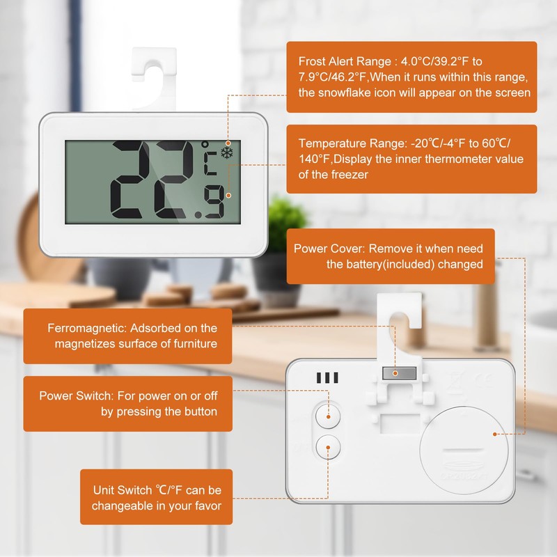 AiQInu Mini Thermometer Fridge Digital, Magnetic Fridge Thermometer with Hook,