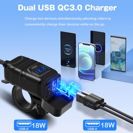 Motorcycle Phone Charger,Dual USB 6.8A Quick Charge 3.0 Motorcycle Charger Adapat with Voltmeter & ON/Off Switch, Waterproof SAE to USB Adapter for Phone, Tablet, GPS (Blue)
