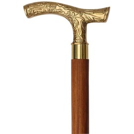 Waziha Nautical Brass Walking Stick - Men Derby Canes and Wooden for Women 37'' Brown Ebony T Shape Handle in Golden Tone Natural Wood Unisex Cane